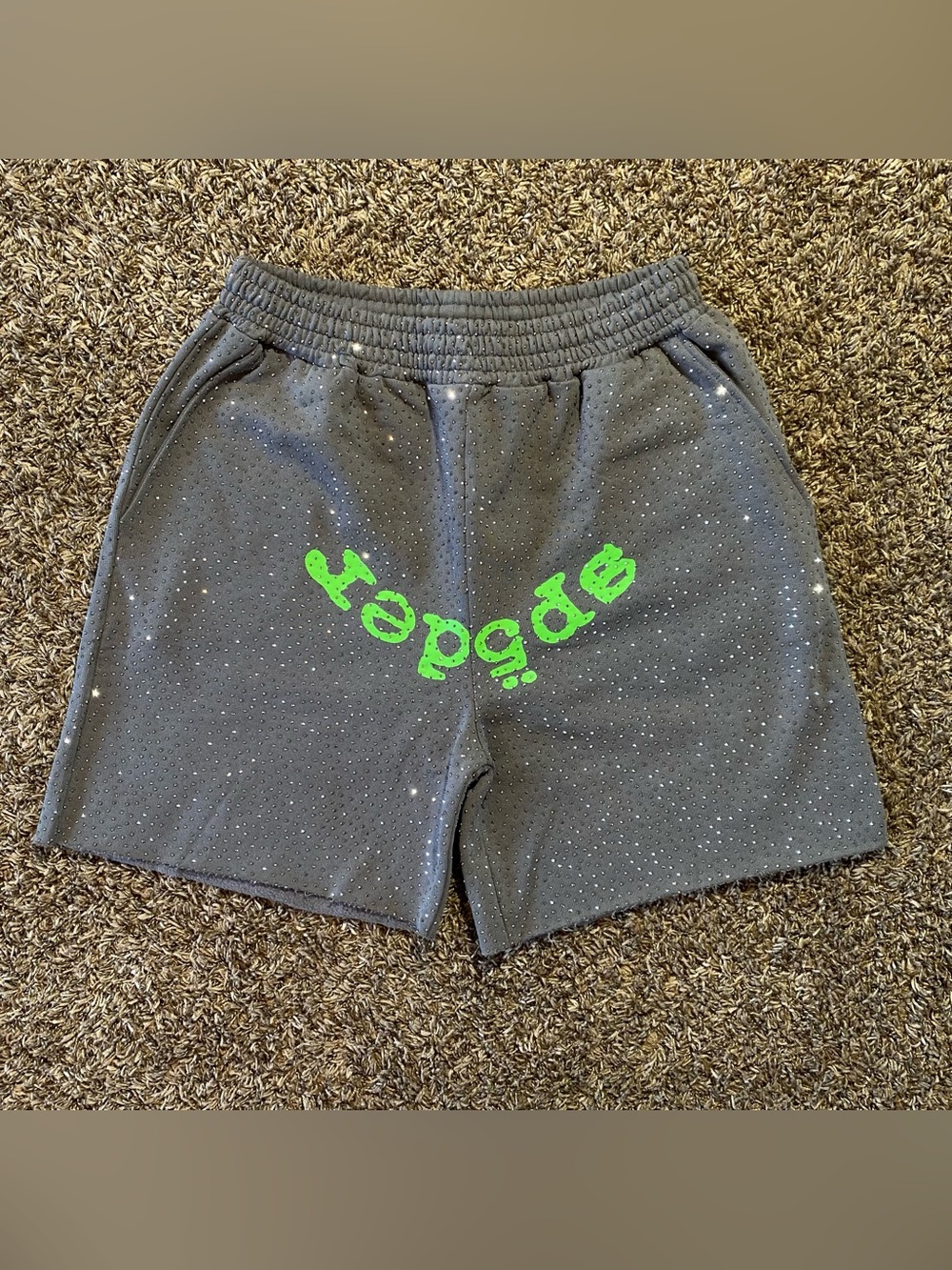 New Large Grey Sp5der Shorts With Rhinestones